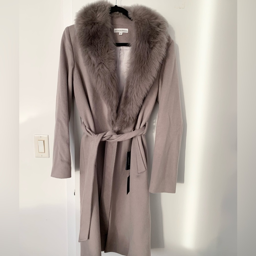 Sofia Cashmere wool real lamb shearling fur trim coat NWT